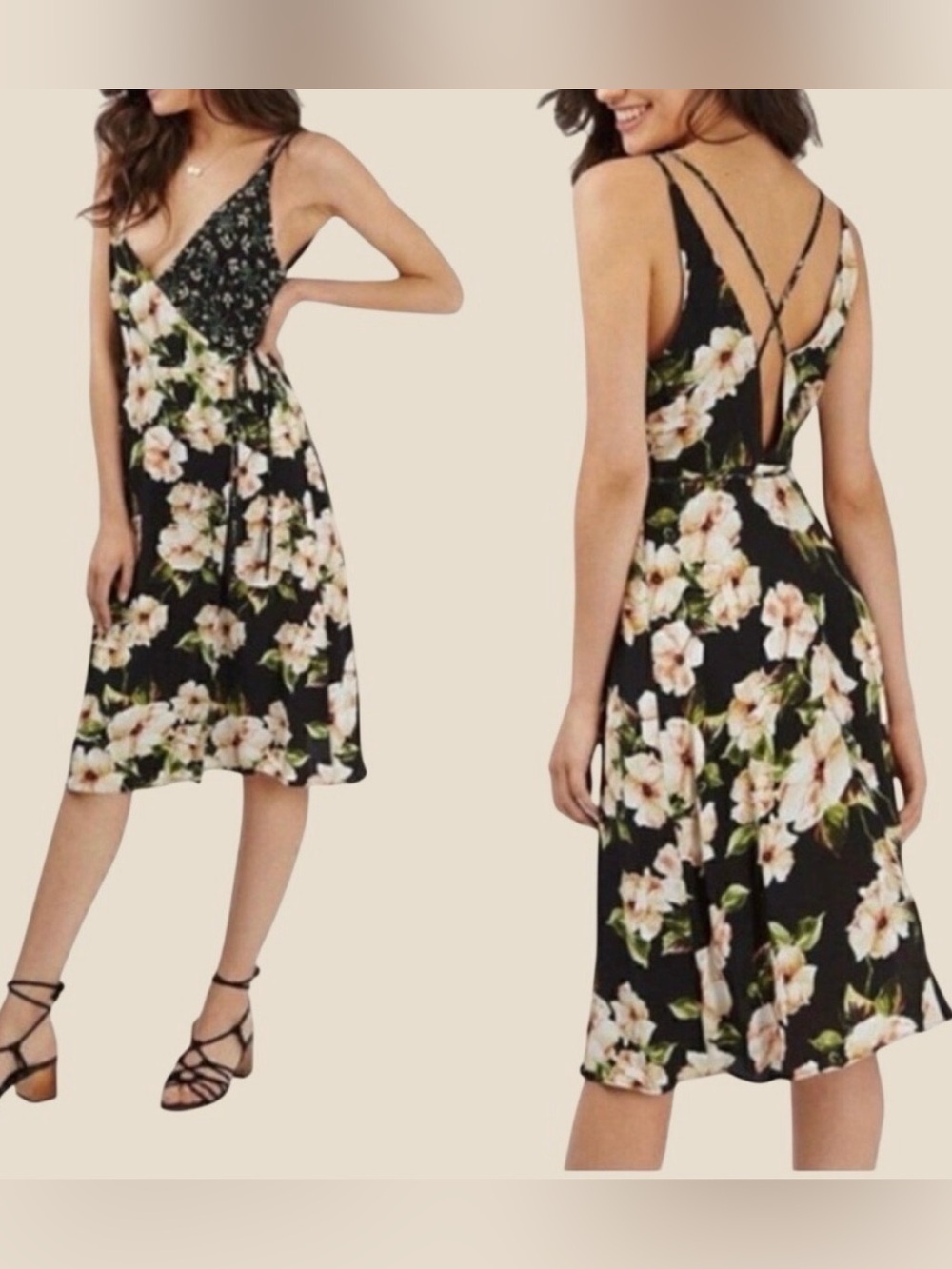Topshop Mixed Floral Wrap Midi Dress Black Yellow Strappy Garden Size 4